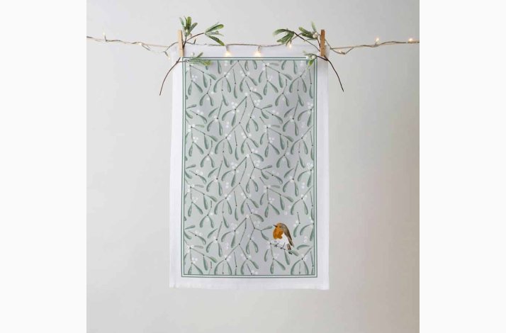 Mistletoe &amp; Robin (Miselten &amp; Rdklk) Viskestykke i hvidt  Ulster Weavers