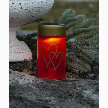 Solcelledrevet Gravlys - Rdt med hjertemotiv og med Varm Hvidt Lys