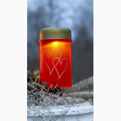 Solcelledrevet Gravlys - Rdt med hjertemotiv og med Varm Hvidt Lys