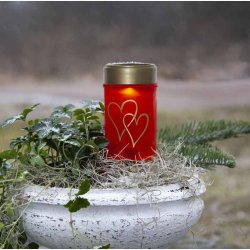 Solcelledrevet Gravlys - Rdt med hjertemotiv og med Varm Hvidt Lys