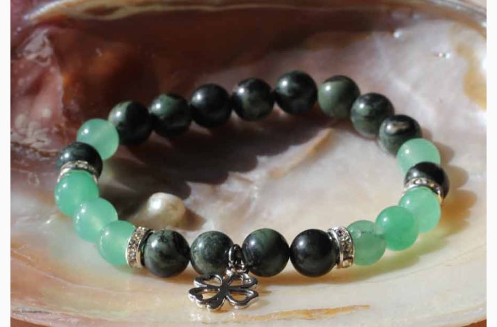 Armbnd kambaba jaspis/grn aventurin med firklver - Krystal armbnd