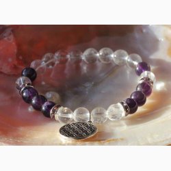 Armbnd med Ametyst og bjergkrystal og Livets Blomst charm - Krystal armbnd