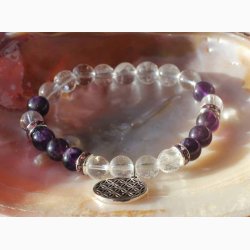 Armbnd med Ametyst og bjergkrystal og Livets Blomst charm - Krystal armbnd