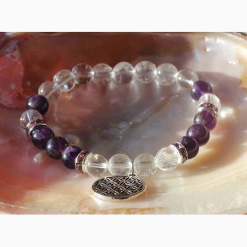 Armbnd med Ametyst og bjergkrystal og Livets Blomst charm - Krystal armbnd