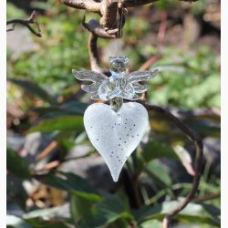 Engel p hjerte i glas, guldglimmer/sortglimmer/hvidslv glimmer, med ophng. H:7 cm, (3 stk. i pk).