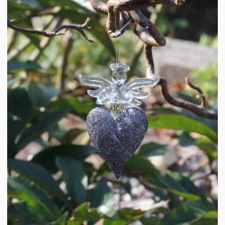 Engel p hjerte i glas, guldglimmer/sortglimmer/hvidslv glimmer, med ophng. H:7 cm, (3 stk. i pk).