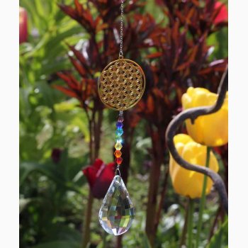 Livets blomst krystal drbe hvid & chakra streng L: 29 cm