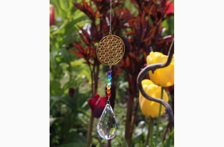 Livets blomst krystal drbe hvid &amp; chakra streng L: 29 cm