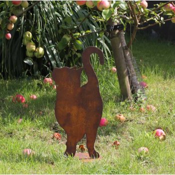 Kat som kigger op p plade i jern med rustrd patina H:46 cm