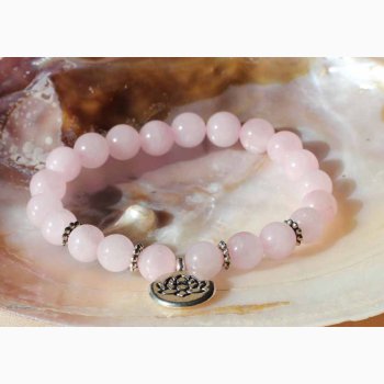 Mala/armbnd med rosakvarts perler (8 mm) og lotussymbol - Krystal armbnd