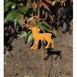 Rensdyr (18 cm) med guldfarvede glimmer gevirer i rustrd patina H:50 cm inkl. metalpind. vlg