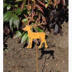 Rensdyr (18 cm) med guldfarvede glimmer gevirer i rustrd patina H:50 cm inkl. metalpind. vlg