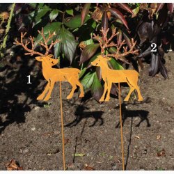 Rensdyr (18 cm) med guldfarvede glimmer gevirer i rustrd patina H:50 cm inkl. metalpind. vlg