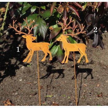 Rensdyr (18 cm) med guldfarvede glimmer gevirer i rustrd patina H:50 cm inkl. metalpind. vlg