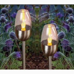 Solcelle bedlamper i st�l (2 stk. i pk) H:38 cm med pulserende lys