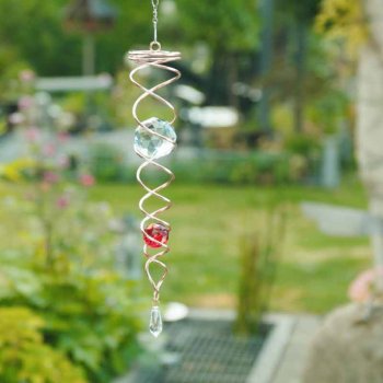 Vindspinner i kobberfarvet stl/glas med 2 facetslebet glaskugler (Rd og klar) H: 34 cm