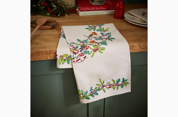 Viskestykke � Christmas Robins (R�dhals) � 100 % bomuld | Ulster Weavers