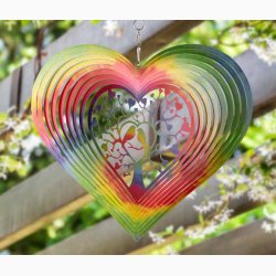 Vindspinner i rustfrit stl - Hjerte med fugle i tr