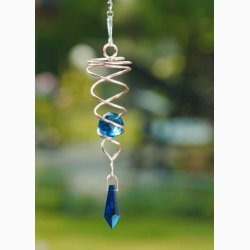 Vindspinner i kobberfarvet stl/glas med 1 facetslebet glaskugle (Bl) og bl prisme H:16 cm