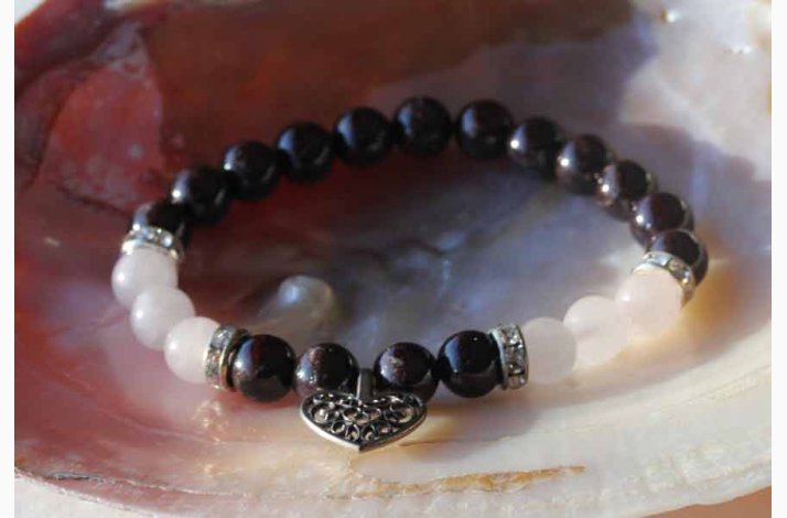 Armbnd granat/rosenkvarts med hjerte - Krystal armbnd