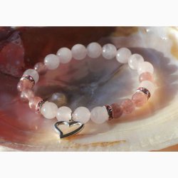 Armbnd rosakvarts/jordbrkvarts med hjerte - Krystal armbnd