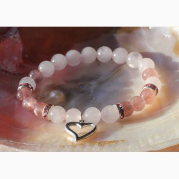 Armbnd rosakvarts/jordbrkvarts med hjerte - Krystal armbnd