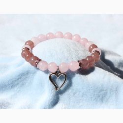 Armbnd rosakvarts/jordbrkvarts med hjerte - Krystal armbnd