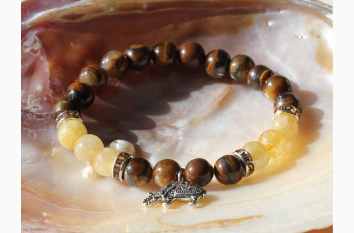 Armbnd tigerje/rutileret kvarts med Elefant charm - Krystal armbnd
