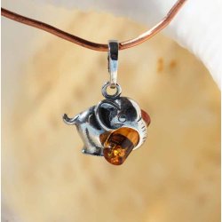 Slv Elefant med rav trstamme i slv vedhng - Ravsmykke