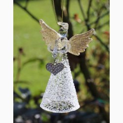 Glasengel med guldfarvede vinger og med hjerte i hnd til ophng, H: 9 cm