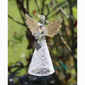 Glasengel med guldfarvede vinger og med hjerte i hnd til ophng, H: 9 cm