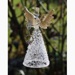 Glasengel med guldfarvede vinger og med stjerne i ring til ophng, H: 9 cm