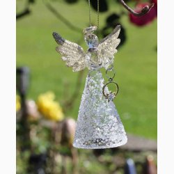 Glasengel med guldfarvede vinger og med stjerne i ring til ophng, H: 9 cm