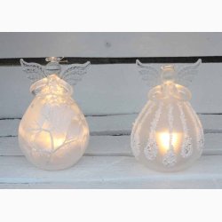 Glasengle p  (H: 12 CM) med LED lys og med trudsmykning/drbe udsmykning med ophng