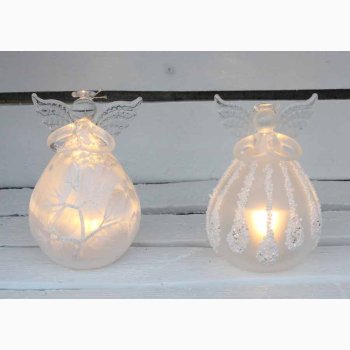 Glasengle p  (H: 12 CM) med LED lys og med trudsmykning/drbe udsmykning med ophng