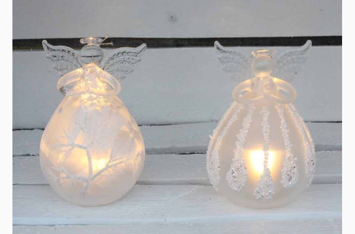 Glasengle p  (H: 12 CM) med LED lys og med trudsmykning/drbe udsmykning med ophng