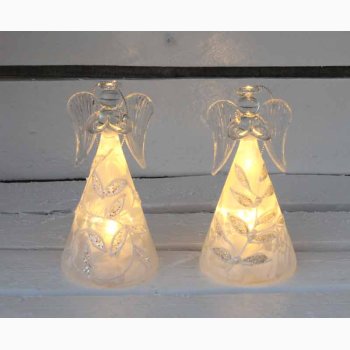 Glasengle i frosted glas (H:12 CM) med LED lys med guld/slvblade p kjolen med ophng