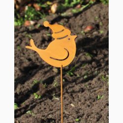 Metalfigur fugl med nissehue p metalstick rustrd patina H: 30 cm incl stick, vlg