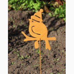 Metalfigur fugl med nissehue p metalstick rustrd patina H: 30 cm incl stick, vlg