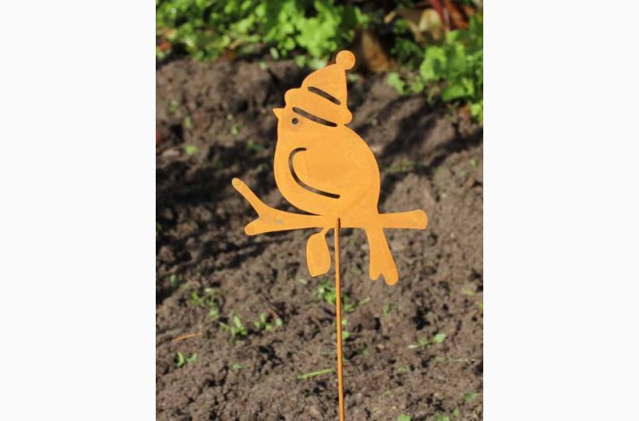 Metalfigur fugl med nissehue p� metalstick rustr�d patina H: 30 cm incl stick, v�lg