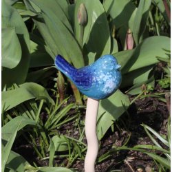 Fugle i keramik bl nuancer p pind med fjeder 10 cm hj og med pind 30 cm hj, vlg