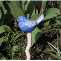 Fugle i keramik bl nuancer p pind med fjeder 10 cm hj og med pind 30 cm hj, vlg