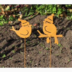 Metalfigur fugl med nissehue p metalstick rustrd patina H: 30 cm incl stick, vlg