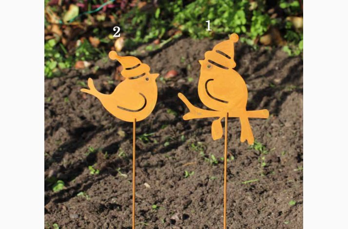 Metalfigur fugl med nissehue p metalstick rustrd patina H: 30 cm incl stick, vlg
