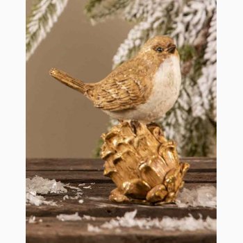 Dekorationsfugl i guldlook p kogle H:12,5 cm