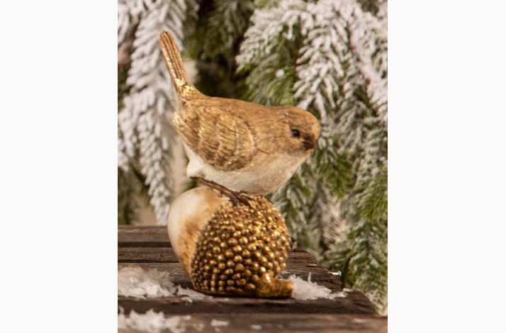 Dekorationsfugl i guldlook p agern H:12,5 cm