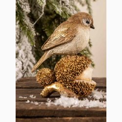 Dekorationsfugl i guldlook p kastanje H:13,5 cm