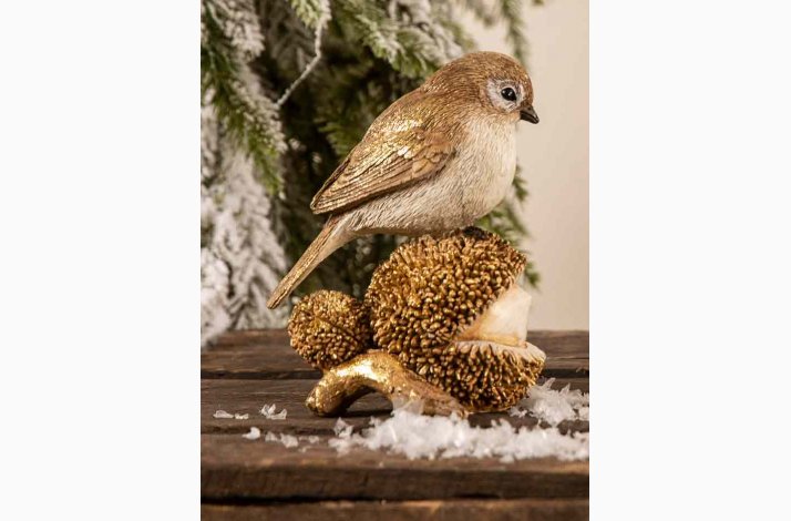Dekorationsfugl i guldlook p kastanje H:13,5 cm