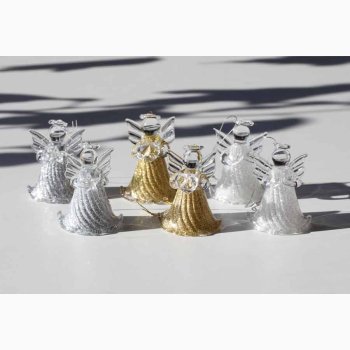 Glasengle med ophng (guldglimmer, slvglimmer og hvid-slvglimmer engle), H:4 cm, (6 stk. i pk).