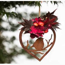 Lille fugl i hjerte i jern til ophng med rustrd patina